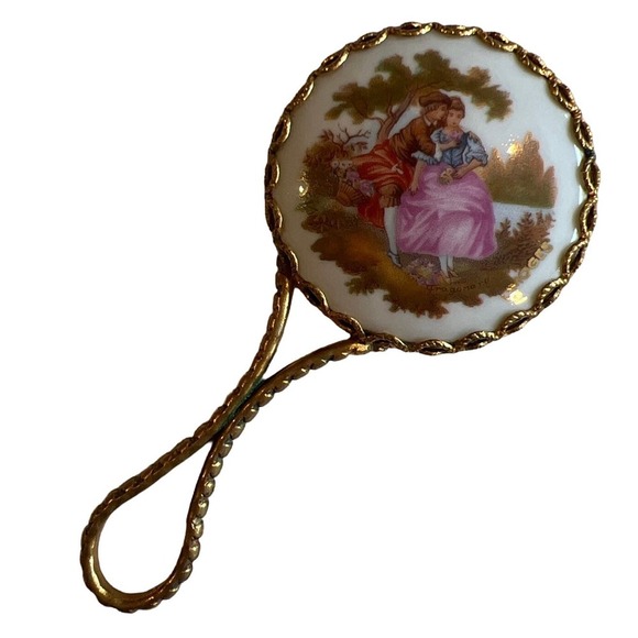 Limoges Accessories - Limoges Fragonard Courting Couple Porcelain Brass Mini Purse Mirror Vintage